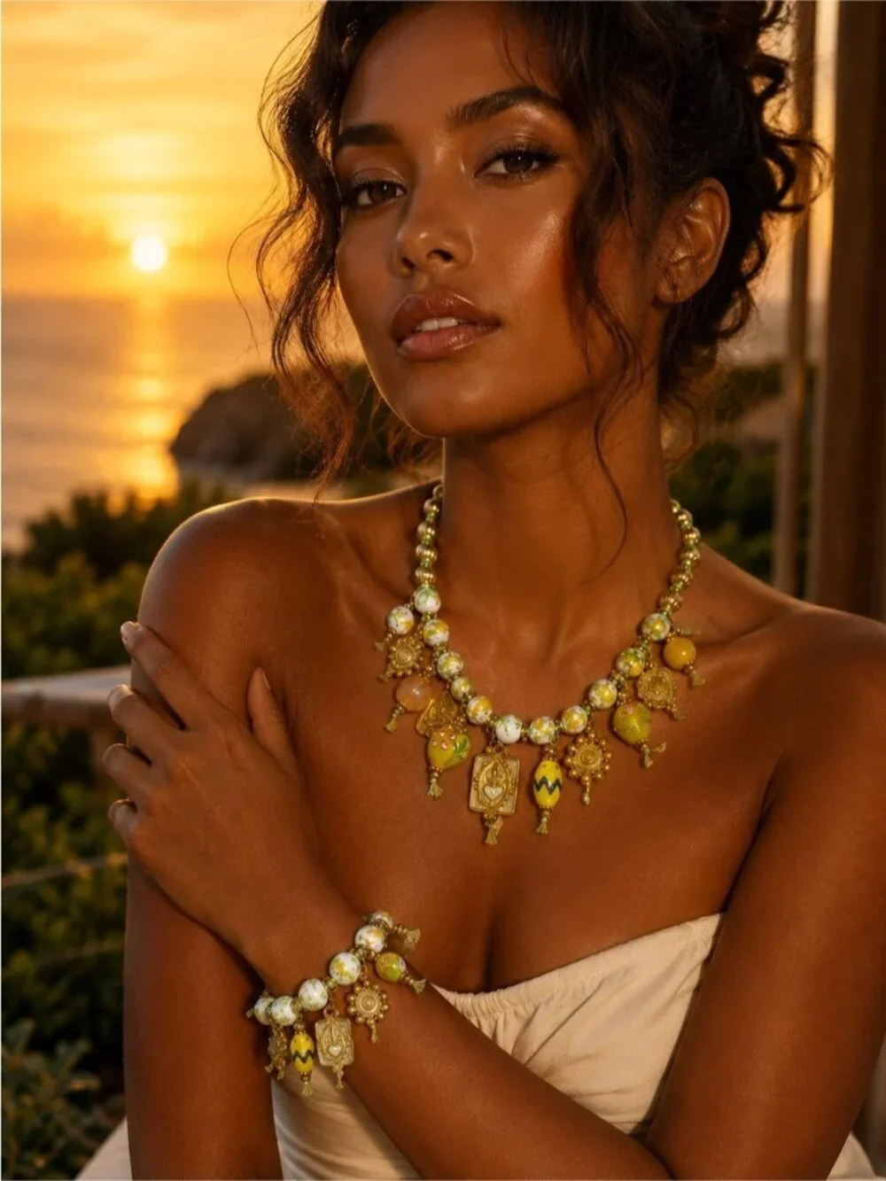 Gold-tone Necklace with Green, Yellow and White Beaded Charms